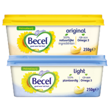 Becel margarine original,
romig, light of bakken en braden
2 kuipjes à 225/250 gram